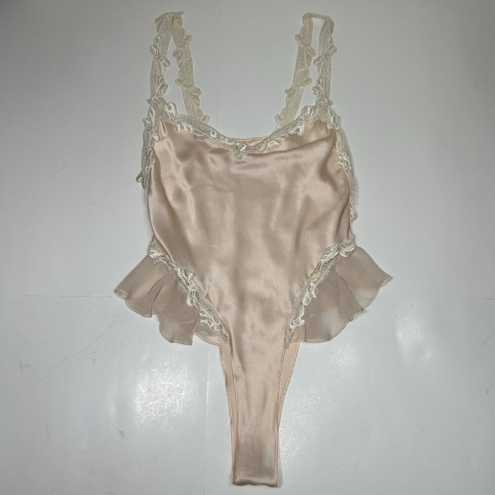 Vtg FLORA NIKROOZ Pink Liquid Satin ONE Piece BODYSUIT Lace TEDDY Lingerie Sz M